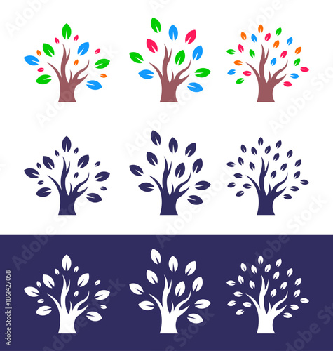 Colorful Tree Logos  Modern Nature Vector Icons Set