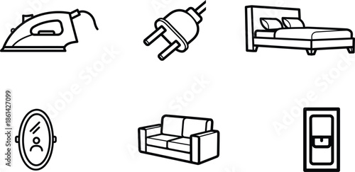 line drawing of household objects and furniture  iron plug bed sofa fridge