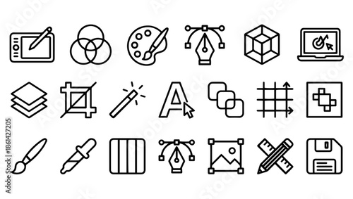 Graphic Design Line Icons Vector Set, graphic design icons, line style tools, digital art symbols, creative process icons, vector design elements, UI UX icon set, minimalist design tools, art png, 