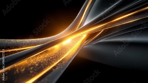 Abstract black gold flowing lines with glowing particles