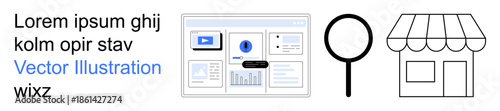 Business analytics, e-commerce, digital marketing, search optimization, storefront setup, online visibility. Data dashboard, search magnifier store icon. Business analytics and e-commerce concept