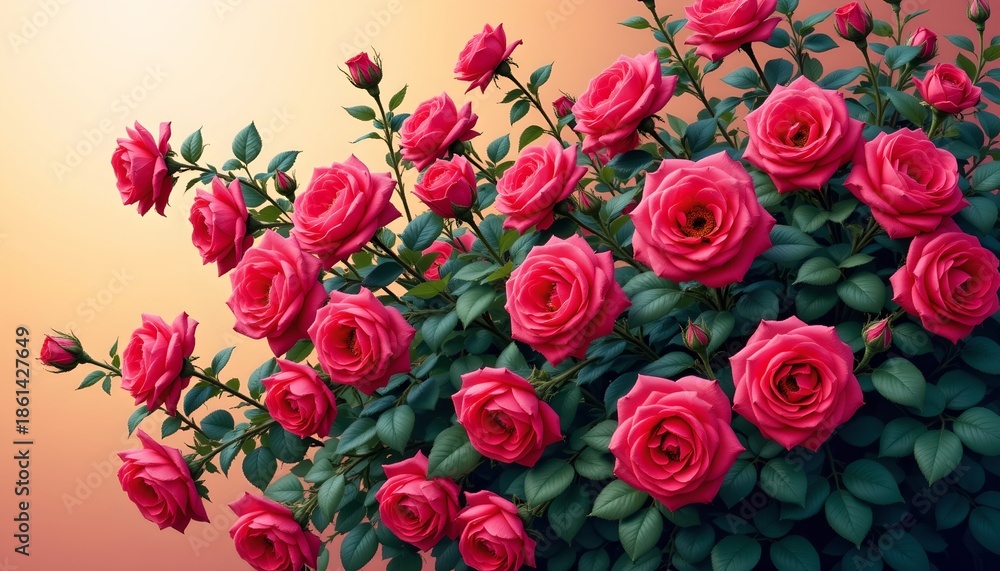 Fototapeta premium Vibrant Pink Roses Bloom Against Warm Gradient Background
