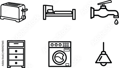 line drawing of household objects including toaster and bed and tap