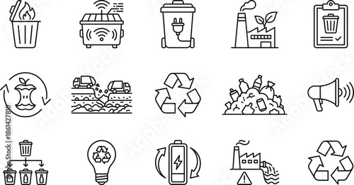 Smart waste management and recycling line icons set with eco energy pollution control sustainability symbols outline vector illustration