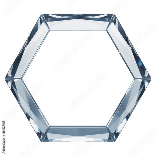 Transparent background Transparent crystal glass hexagon frame with reflective surfaces against black background isolated on a transparent background