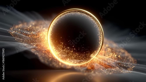 Glowing Golden Ring with Glittering Flowing Particles