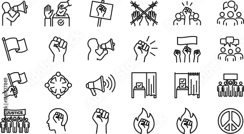 Political protest and civic activism line icons set with voting demonstration rights movement symbols outline vector illustration collection