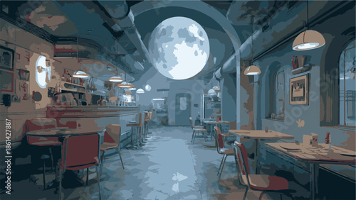 A serene café scene on the moon viewed from inside with tables and chairs under a large lunar window