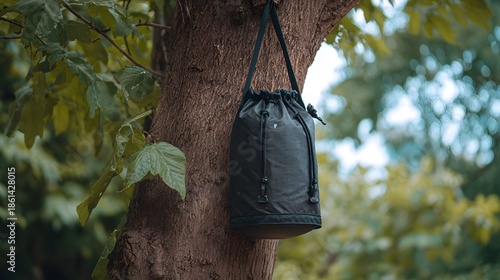 A dark drawstring bag is suspended from a textured tree trunk in an outdoor natural setting