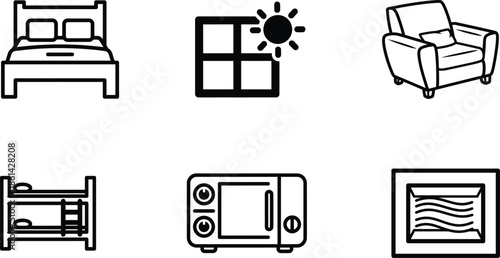 line drawing of various household furniture and appliances in black and white