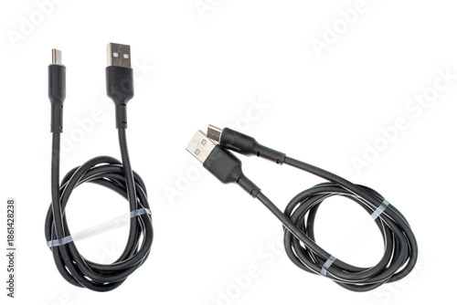 USB cable isolated on white background, close-up.