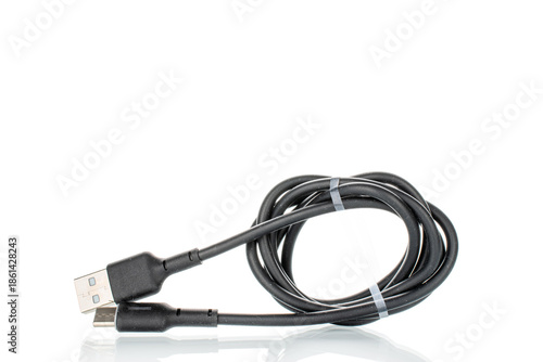 USB cable isolated on white background, close-up.