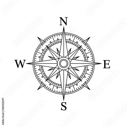 Detailed Compass Rose Outline Icon for Navigation and Direction