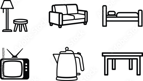 line drawing of various household furniture and appliances in black