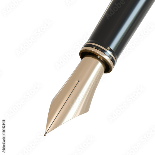 a luxury fountain pen nib in gold metal, diagonally positioned and centered, isolated on a transparent background, writing and calligraphy concept.