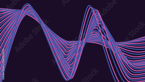 Vector illustration of a bridge featuring a blue DNA helix pattern with dynamic light lines and 3d digital waves on a black technology design backdrop