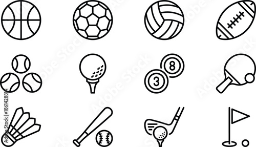 Sports and athletic equipment icon set featuring basketball, soccer, volleyball, american football, tennis, golf, billiards, baseball, badminton, and ping pong symbols.