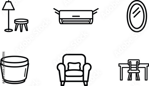 line drawing of various household furniture and appliances