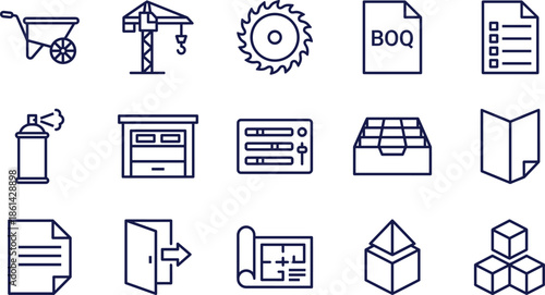 Construction and architecture icon set featuring wheelbarrow, crane, saw blade, BOQ document, checklist, spray paint, blueprint, and building material symbols.