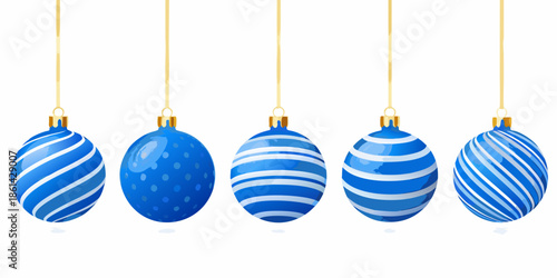A collection of blue christmas ornaments hanging from golden strings