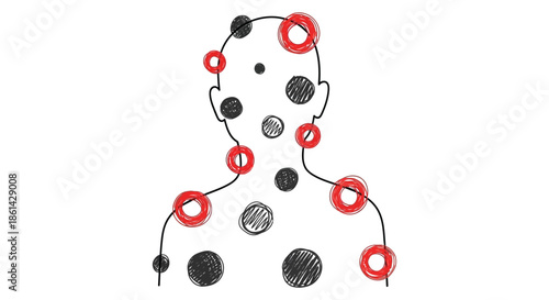 A minimalist sketch depicts a human head outline filled with varying sized circles and red highlights