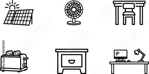line drawing of various household items and office equipment on white background