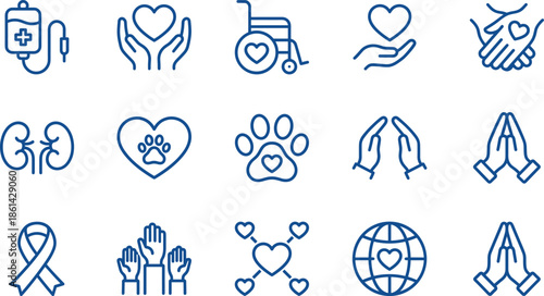 Charity, healthcare, and community support icon set featuring medical care, animal welfare, volunteer hands, organ donation, and global kindness symbols.