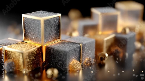 Abstract black gold frosted glitter cubes background