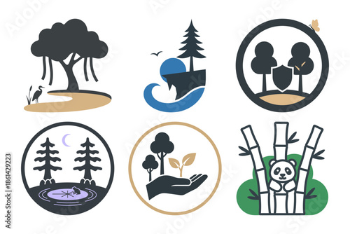 World Wildlife Day Forest Diverse Silhouette Collection � Riverbank Willow, Spruce Aurora, Swamp Cypress, Temperate Sunrise, Windy Forest & Bamboo Panda Vector