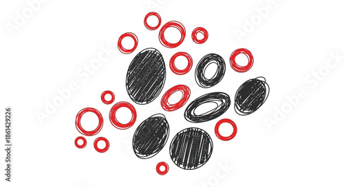 A whimsical scattering of hand drawn ovals and circles in red and black creating an abstract composition
