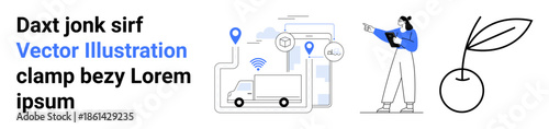Delivery truck with location pins, wireless icon, and package tracking elements. Woman holding a tablet with growth symbolism through a sprouting plant. Ideal for logistics, technology, progress