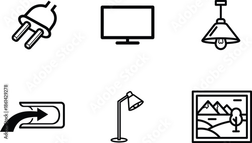 line icons of electronic devices and lamps on white background