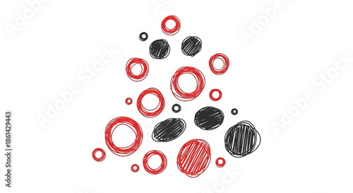An abstract composition featuring various sized circles in red black and white sketched on a white background