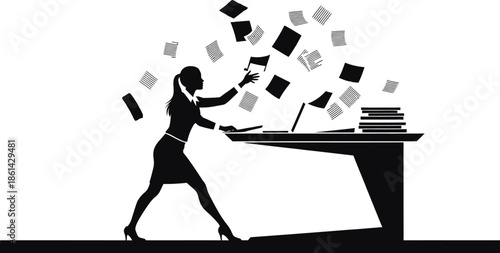 Frustrated businesswoman overwhelmed by paperwork at office desk