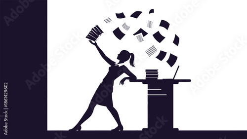 Overwhelmed businesswoman throwing papers in frustration at office desk