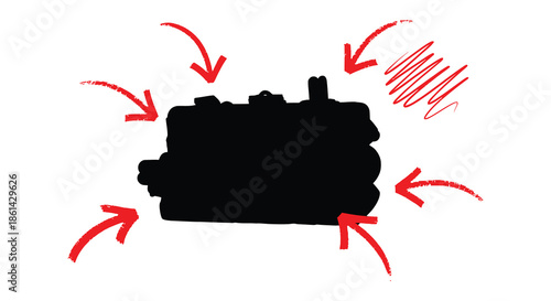 A simple illustration depicts a black camera silhouette with red arrows indicating movement and focus