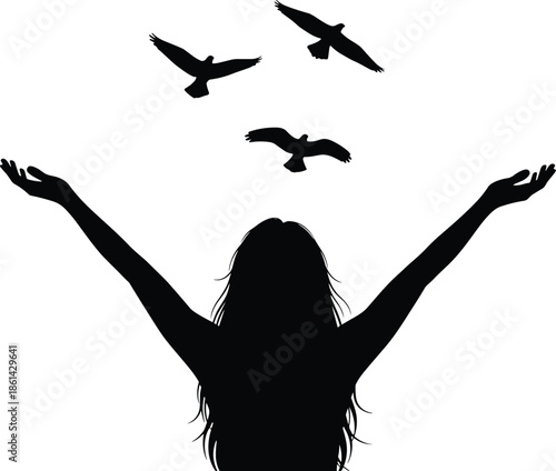 Silhouette woman raising arms with flying birds above, symbolizing freedom, joy, release, nature connection, hope, peace, and liberation moment