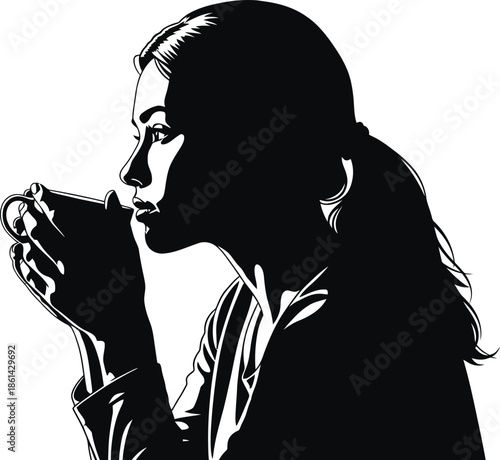 Silhouette of woman sipping coffee in modern style