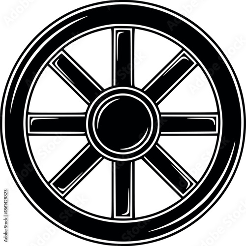 black and white vector illustration of the wheel of dharma (dharmachakra), a sacred buddhist symbol representing the path to enlightenment and the buddha's teachings