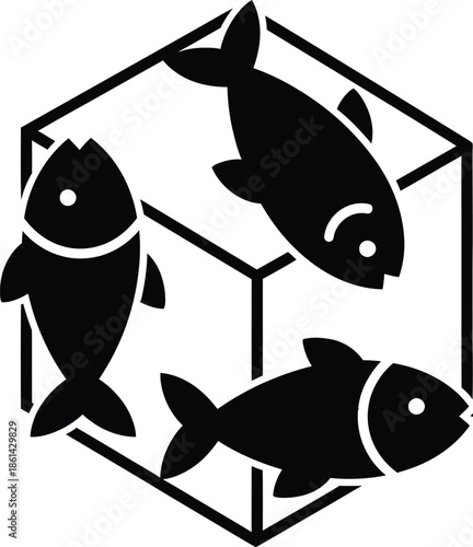 Three fish swimming in a cube shaped aquarium
