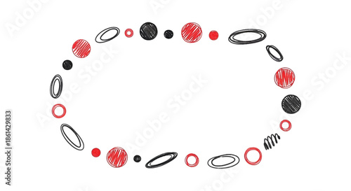 An abstract arrangement of red and black circles and elliptical shapes in a circular pattern on white