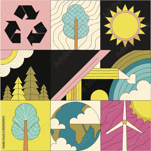 Eco-friendly and sustainability themed icons in an organic style, representing environmental protection, bio energy, and sustainable lifestyle practices.