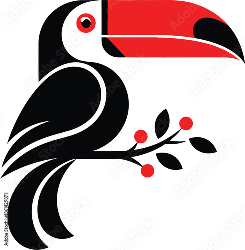 Vibrant toucan perched on branch with red berries