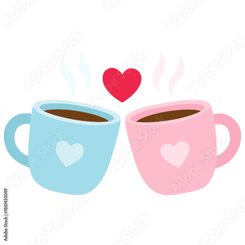 Two cute cartoon coffee cups one pink and one blue with hearts representing love and romance on Valentine's day. Concept for Valentine's day and wedding, symbolizing love and affection. Vector isolate