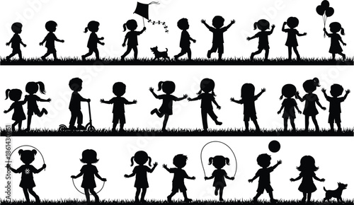 Silhouette children playing outdoors with dog, jumping rope, flying kite, holding balloons, running, walking, social interaction, active childhood fun