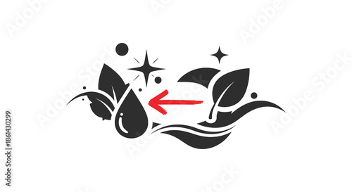 A stylized black and white design featuring water droplets leaves and flowing wave shapes