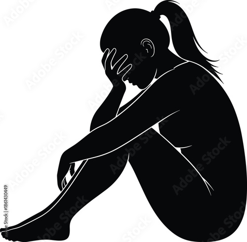 Sad woman silhouette sitting on ground with hand on face, emotional posture, depression concept, black vector isolated illustration