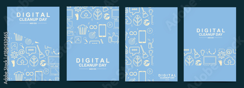 mockups for Digital Cleanup Day March 2026 featuring white line icons patterns of tech devices, trash bins, leaves, and eco symbols, ideal for digital sobriety event. Green IT. Vector illustration