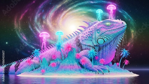 Neon glowing fantasy creature landscape scene.