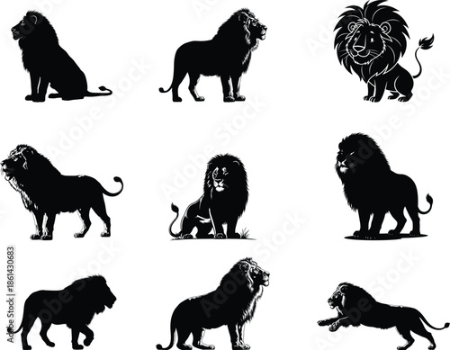 Silhouette of various lion in different poses and orientations showcasing their unique features in a clear and detailed illustration